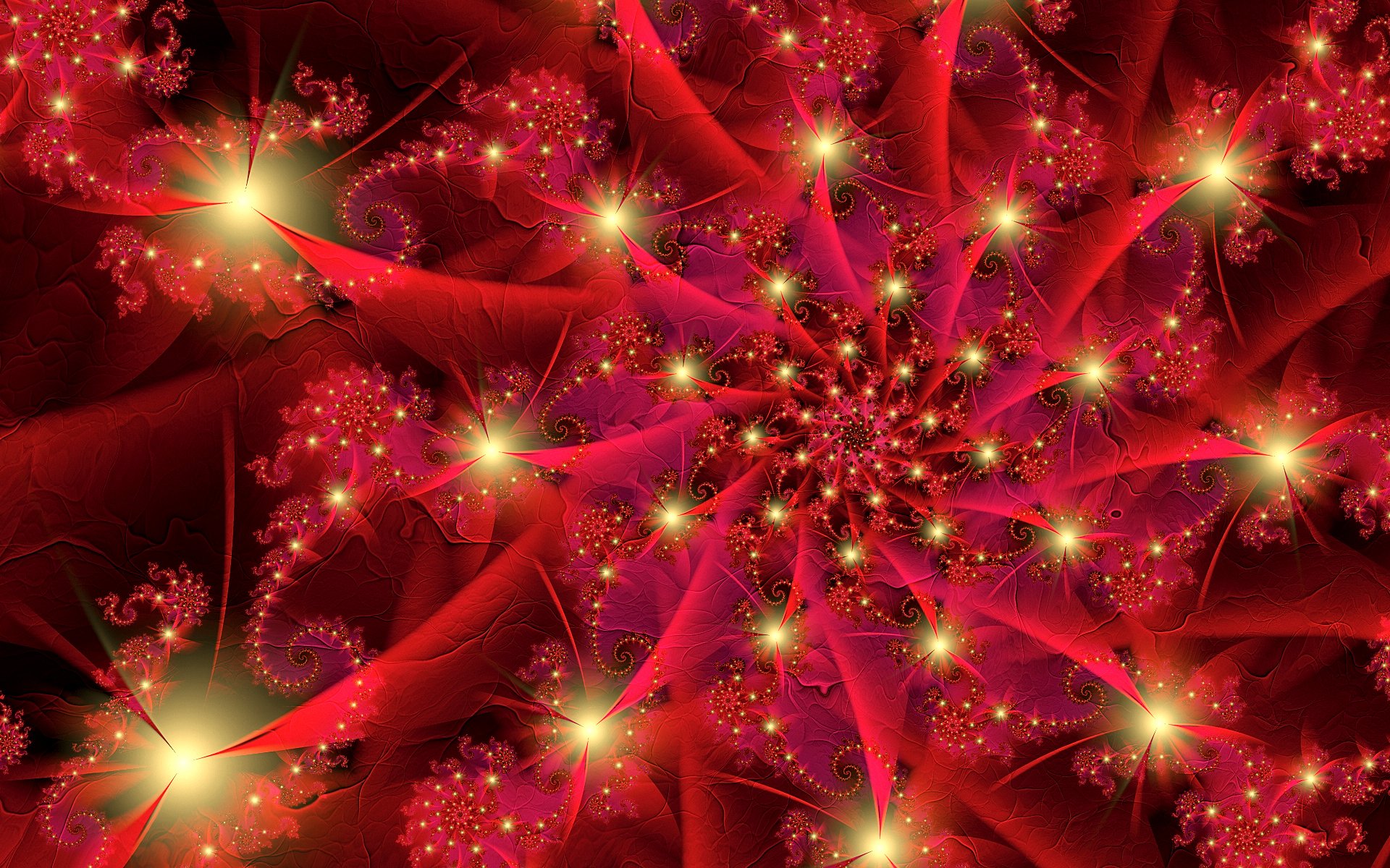 A vibrant digital art piece featuring a swirling pattern of red and gold, creating a mesmerizing fractal design that captivates with its intricate details and radiant bursts of light.