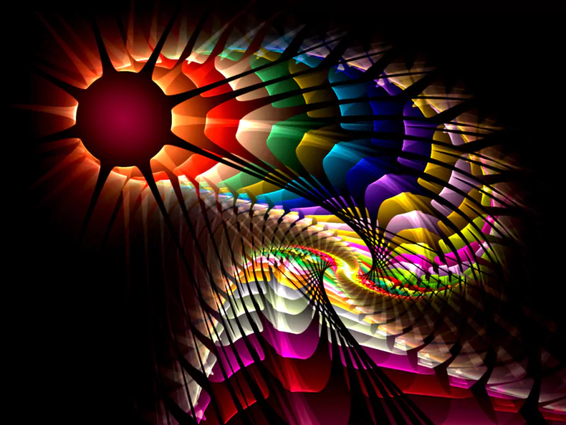 Vibrant digital art features a swirling pattern of colors, with rays radiating from a central dark sphere, creating a dynamic and eye-catching visual experience.