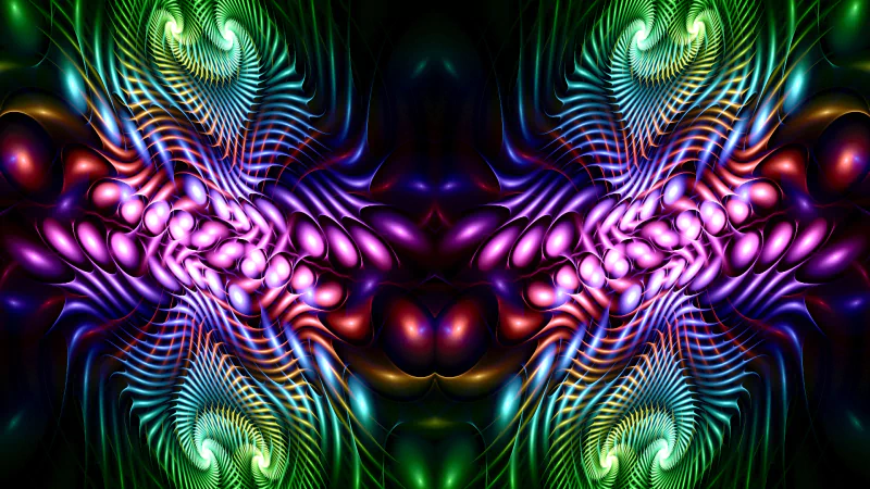 A vibrant digital art piece featuring swirling patterns of colorful light and intricate shapes, creating a mesmerizing, kaleidoscopic effect.