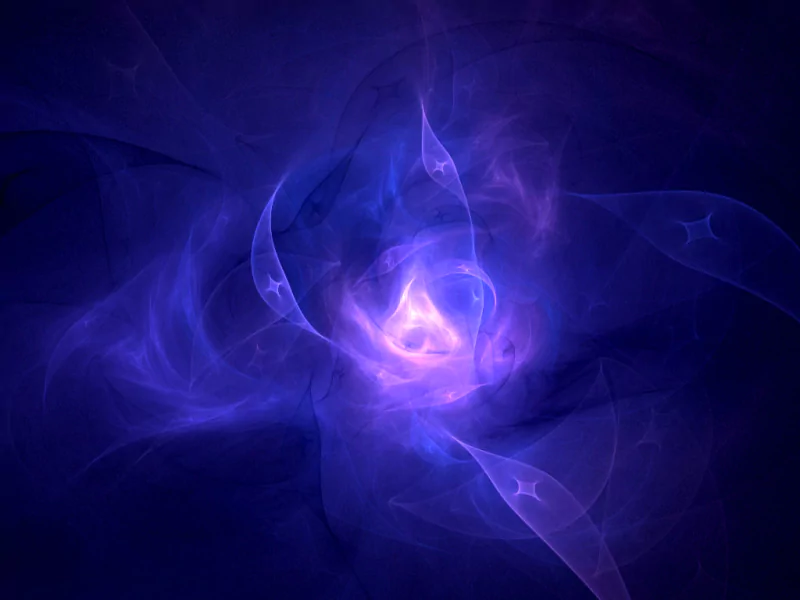 A mesmerizing digital art piece featuring swirling shades of purple and blue, creating an ethereal, abstract atmosphere filled with dynamic shapes and light.