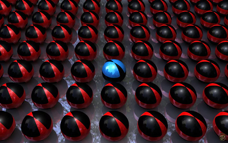 A striking digital art piece featuring a sea of black and red spheres, with a single blue sphere standing out prominently at the center, creating a bold visual contrast.