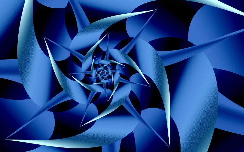 A vibrant digital art piece featuring a swirling spiral design in shades of blue, showcasing sharp, angular patterns that create a dynamic and captivating visual experience.
