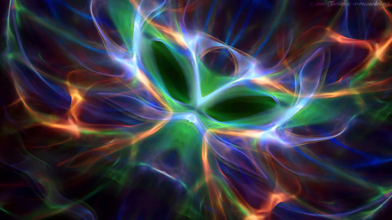 An abstract digital art piece featuring swirling colors of green, blue, and orange, creating a vibrant, dynamic visual landscape reminiscent of energy and movement.