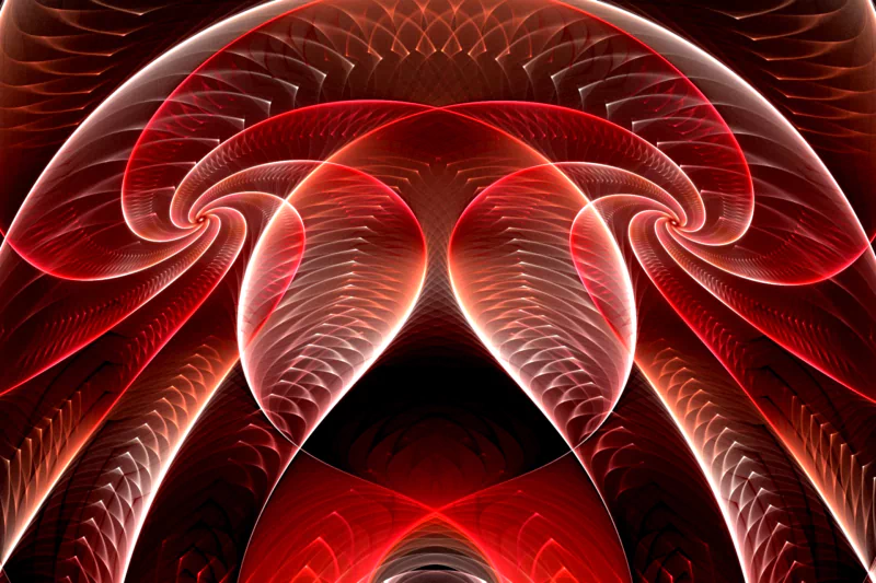 A vibrant digital art piece showcasing intricate patterns in fiery red and black hues, creating a mesmerizing, abstract design that captivates the viewer.