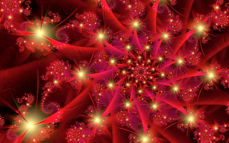 A vibrant digital art piece featuring a swirling pattern of red and gold, creating a mesmerizing fractal design that captivates with its intricate details and radiant bursts of light.