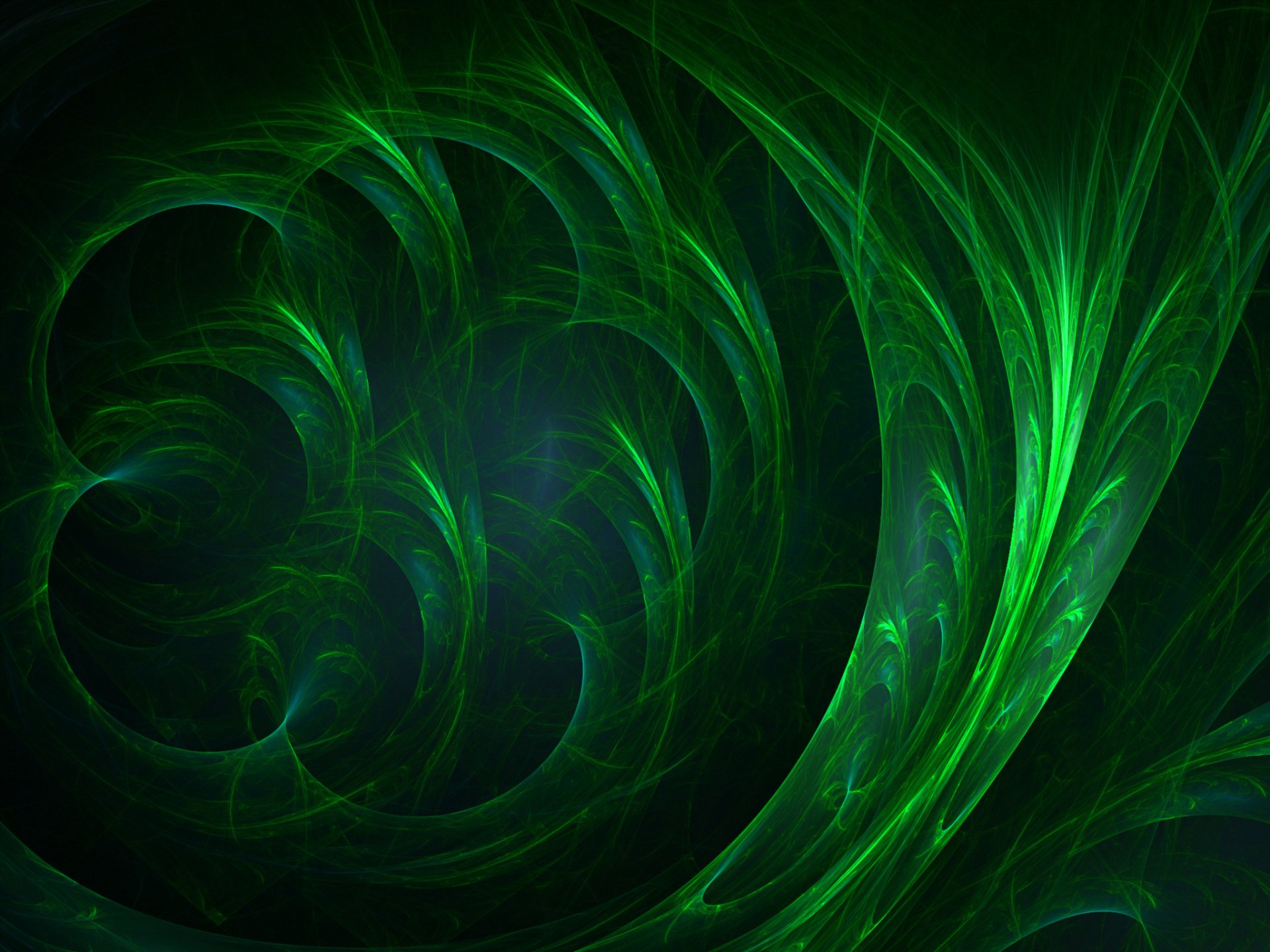 A mesmerizing digital art piece featuring intricate swirling patterns in vibrant shades of green, set against a deep, dark background, creating a dynamic visual experience.