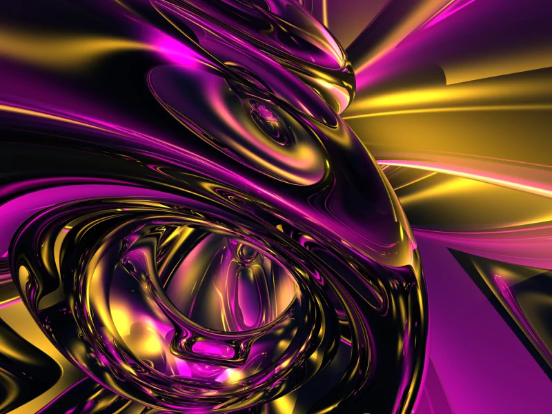 A vibrant digital art piece featuring swirling, glossy purple and gold forms that create a dynamic sense of movement and depth.