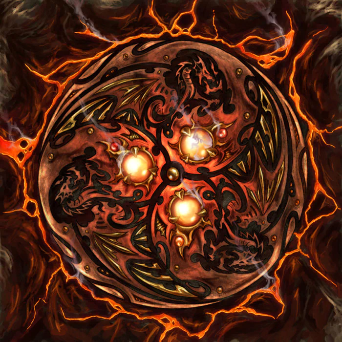 A stunning digital art piece featuring an ornate circular design with intricate patterns, glowing orbs, and fiery accents, showcasing a blend of mythical and mystical elements.