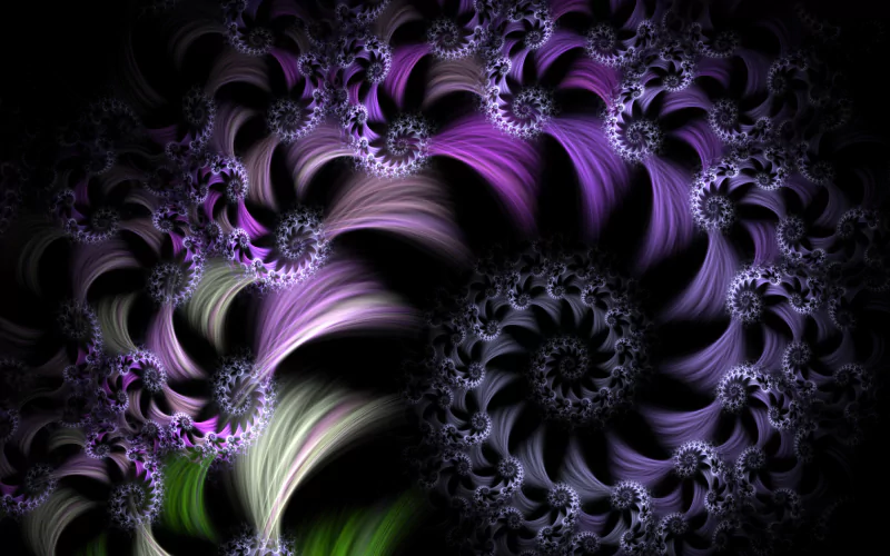An artistic digital art piece featuring intricate swirling patterns in shades of purple, green, and black, creating a mesmerizing and dynamic visual experience.