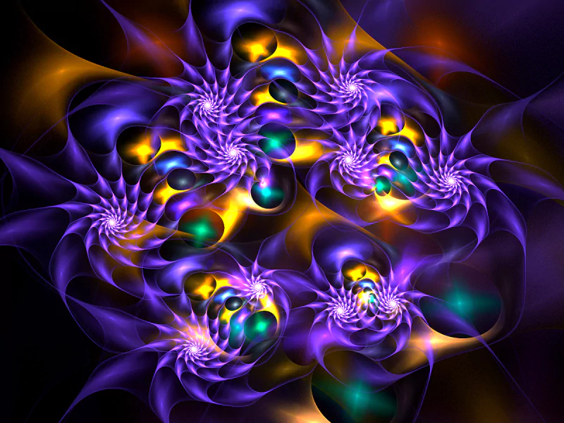 Vibrant digital art featuring intricate purple and gold spirals, interspersed with green orbs, creating a dynamic and mesmerizing pattern on a dark background.