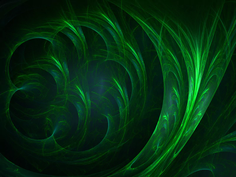 A mesmerizing digital art piece featuring intricate swirling patterns in vibrant shades of green, set against a deep, dark background, creating a dynamic visual experience.