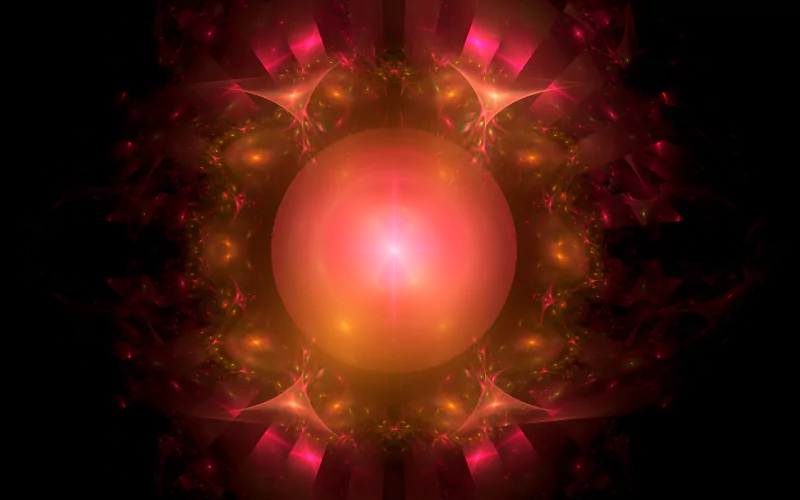 A vibrant digital art piece featuring a glowing pink orb at its center, surrounded by intricate patterns and rich, warm hues of red and orange set against a dark background.