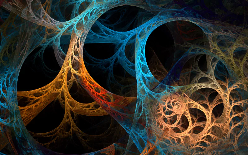 A vibrant display of digital art featuring intricate fractal patterns in shades of blue, orange, and black, creating a mesmerizing visual experience.