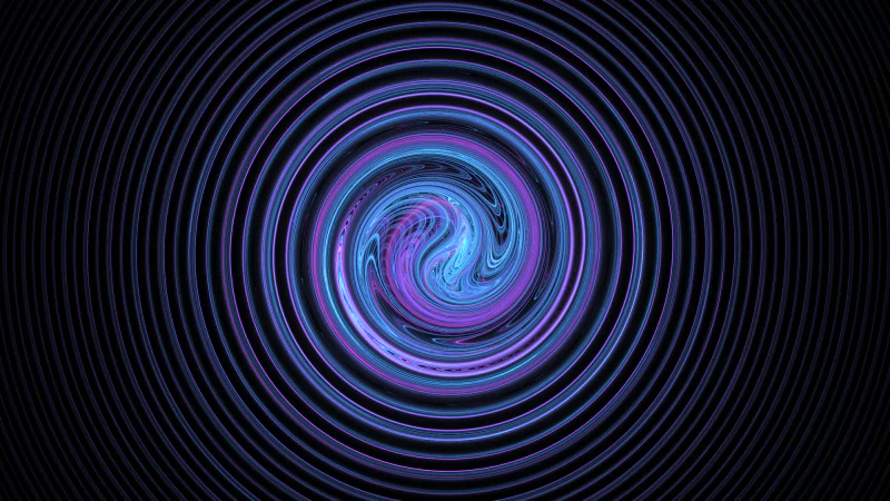 A mesmerizing digital art piece features a swirling vortex of blue and purple hues, surrounded by concentric circles on a dark background, creating a captivating visual experience.