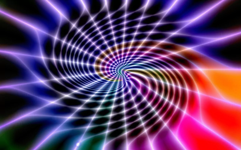 A vibrant digital art piece featuring a spiraling web of colorful lines and light, creating an illusion of depth and movement against a dark background.