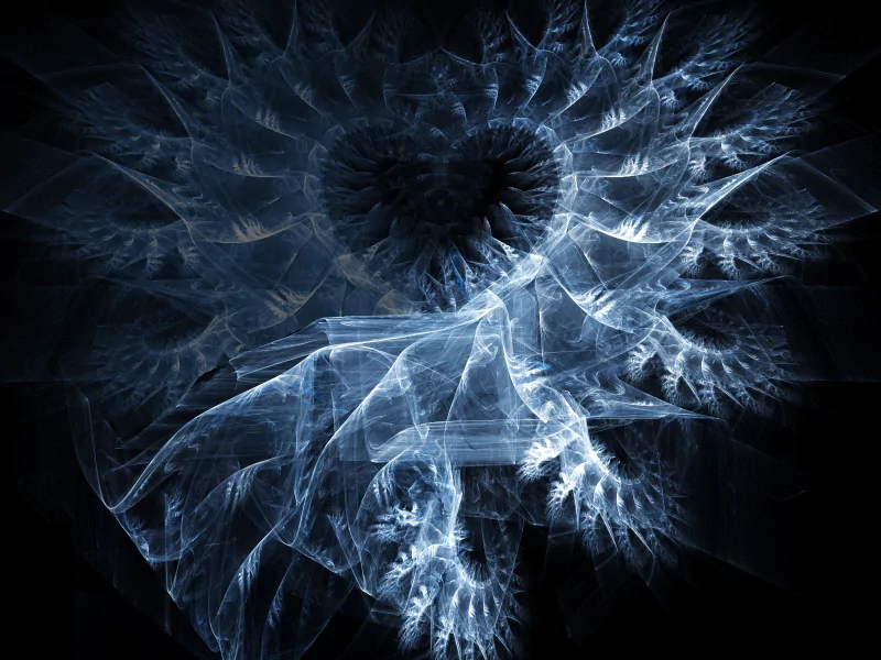 An intricate digital art piece featuring a heart surrounded by swirling patterns and translucent forms, all set against a dark background.