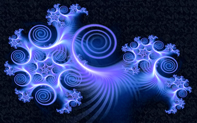 A vibrant digital art illustration featuring intricate swirls and fractal patterns in shades of blue, set against a dark background, creating a dynamic, artistic visual experience.