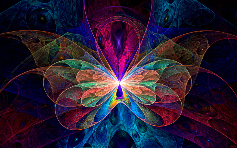 A vibrant digital art piece featuring an intricate butterfly design, bursting with colorful geometric patterns against a dark background, creating a captivating and artistic effect.