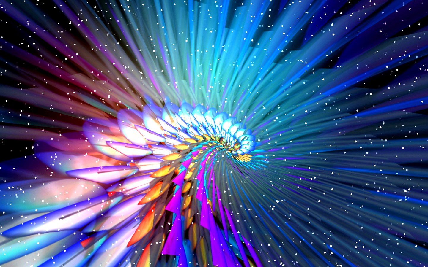 A vibrant digital art piece featuring a swirling spiral of colors, radiating light against a starry background, creating an immersive and dynamic visual experience.