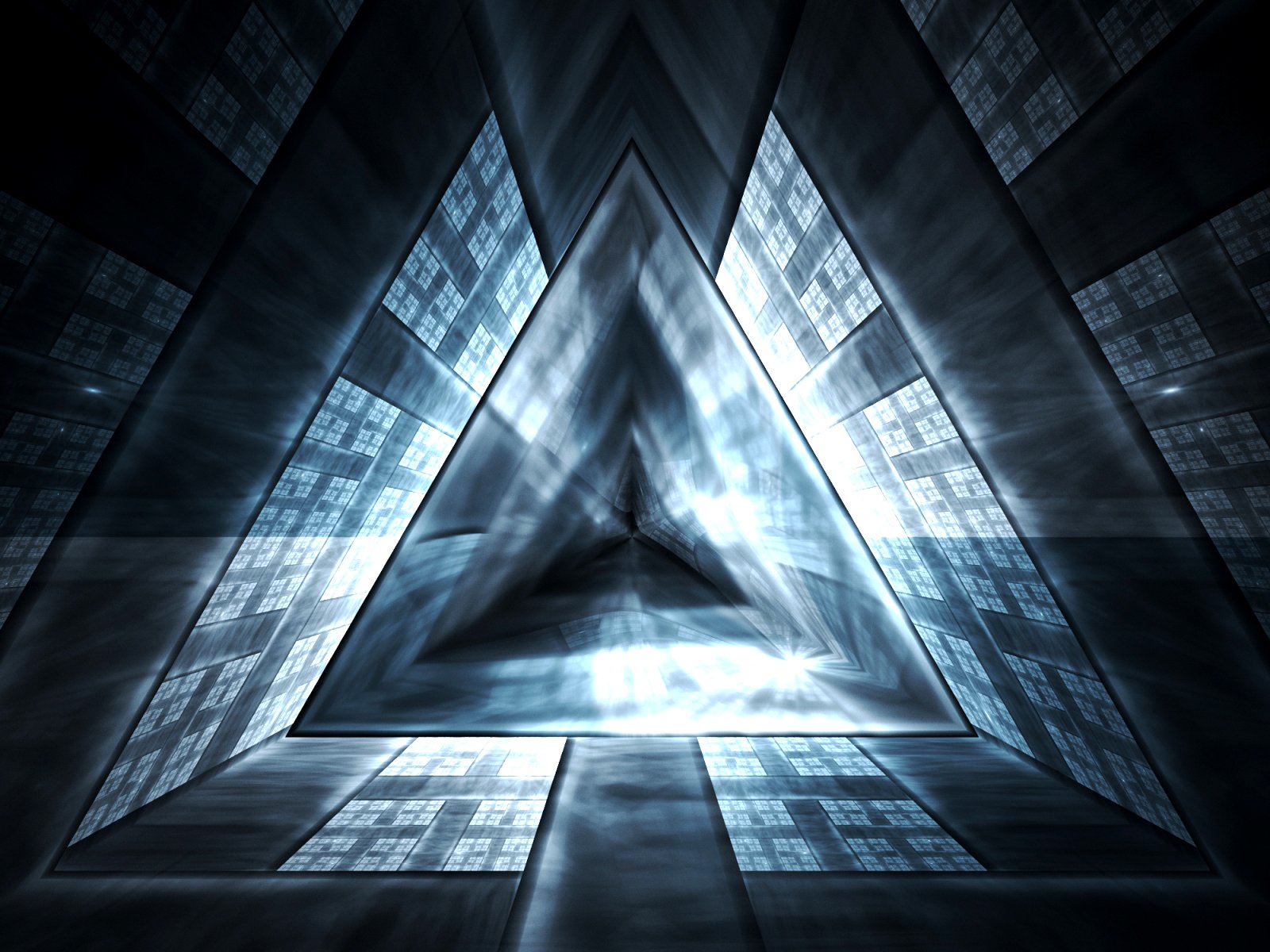A striking digital art piece featuring a luminous, three-dimensional triangular structure, set against a dark background, creating a sense of depth and mystery.