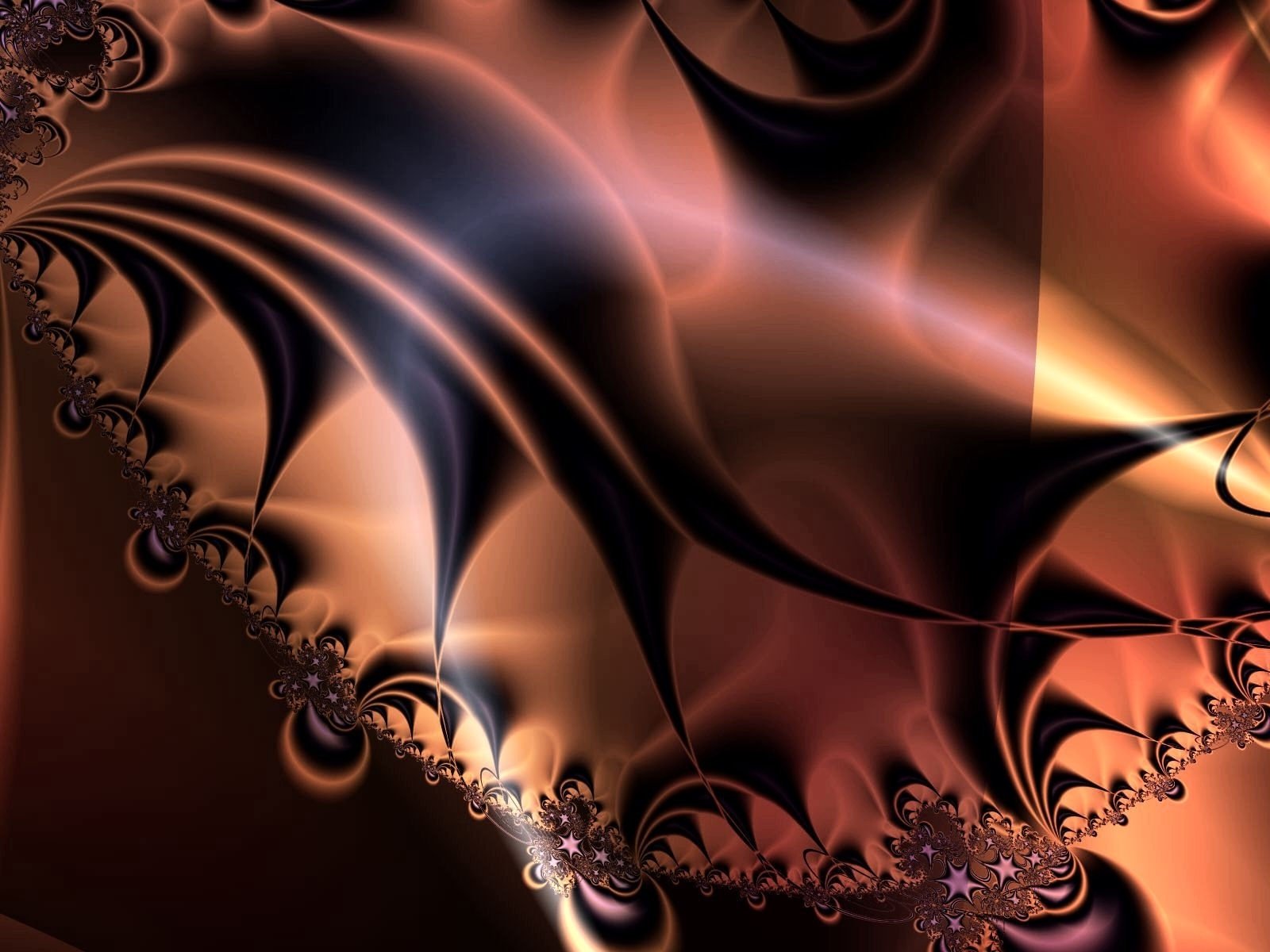 An intricate digital art composition featuring flowing, swirling shapes and rich copper tones, merging organic and abstract forms to create a mesmerizing visual experience.