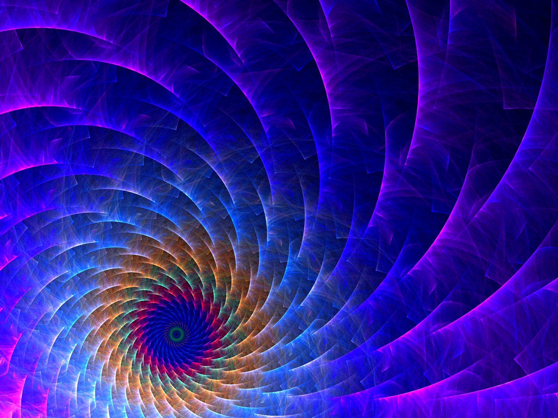 A vibrant digital art piece featuring a mesmerizing spiral of radiant colors in blue, purple, and orange, creating a dynamic, swirling pattern that captures the viewer's attention.