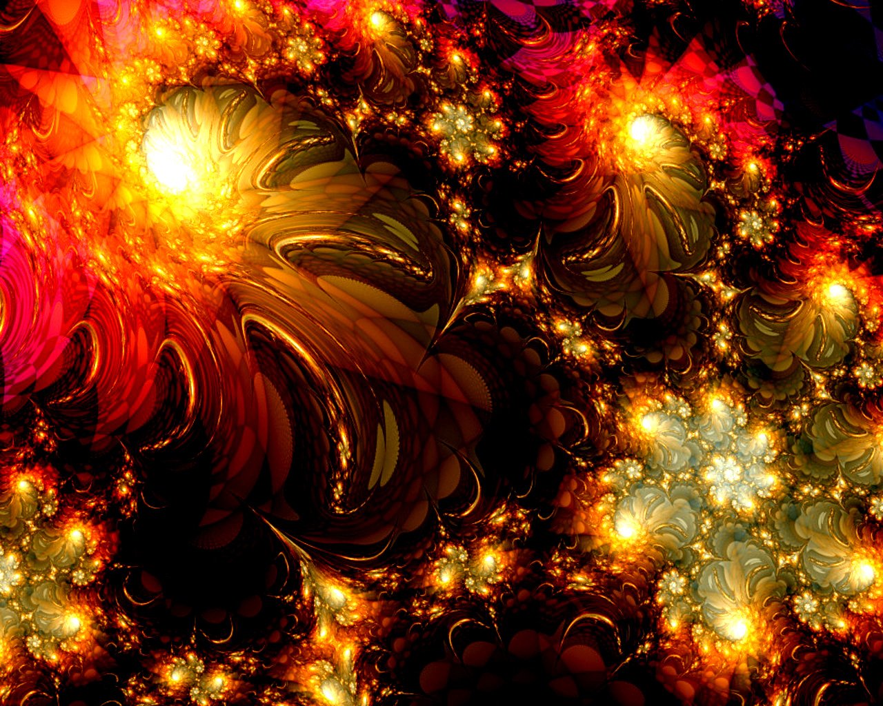 A vibrant digital art composition featuring intricate fractal patterns, showcasing rich colors of gold and red against a dark backdrop, creating a dynamic and mesmerizing visual experience.