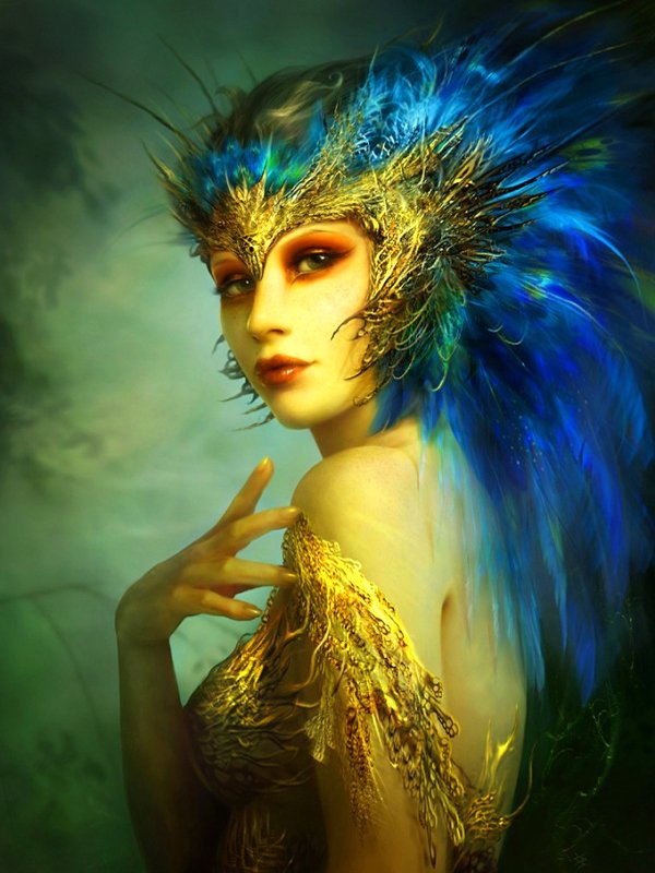 A fantasy-themed woman with vibrant blue hair and intricate golden attire gazes thoughtfully, surrounded by an ethereal, dreamlike backdrop.
