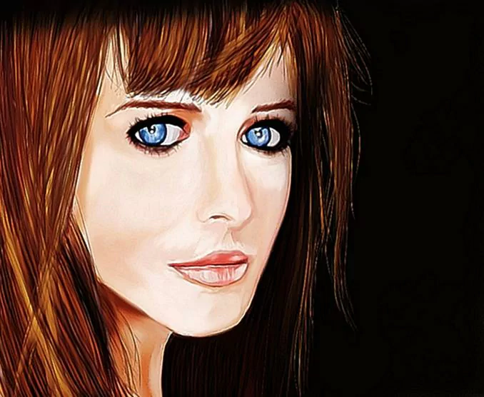 I can’t identify people in images. Alt: 'Stylized close-up portrait of a woman with auburn hair, bright blue eyes, and light makeup against a black background.'
