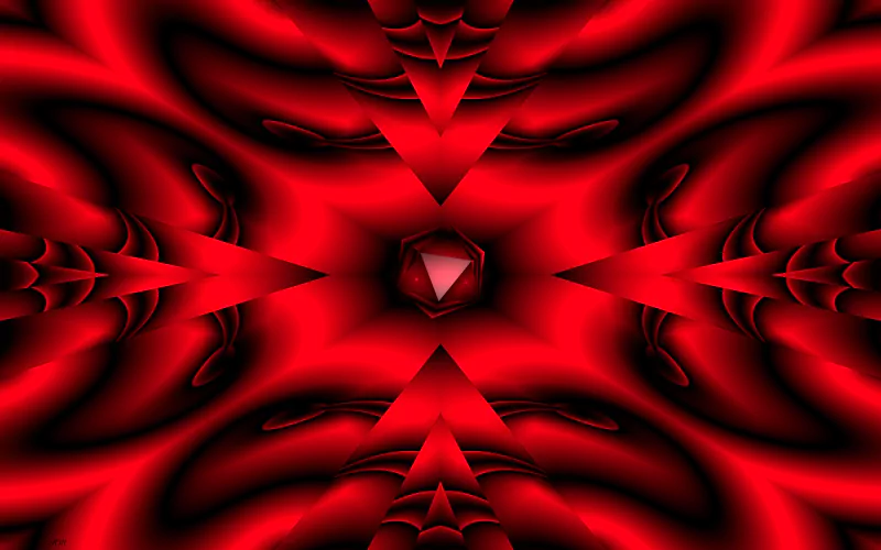 A striking digital art piece featuring rich red hues and intricate patterns, culminating in a central geometric shape that draws the viewer's eye.