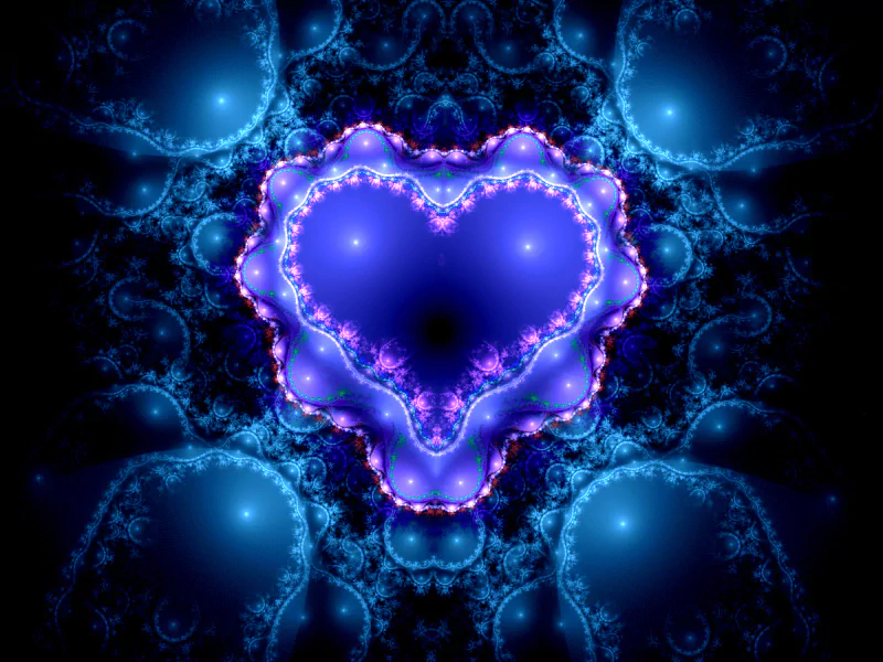 A vibrant digital art piece featuring a luminous blue heart, intricately designed with swirling patterns and surrounded by a dark, cosmic background.