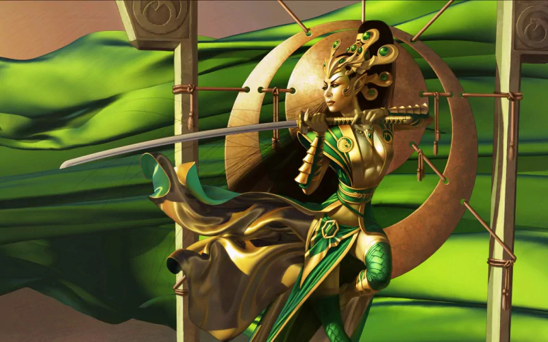 A female Asian warrior from the fantasy realm of Legend of the Five Rings, clad in ornate armor, wields a sword with grace, set against a backdrop of flowing green fabric.