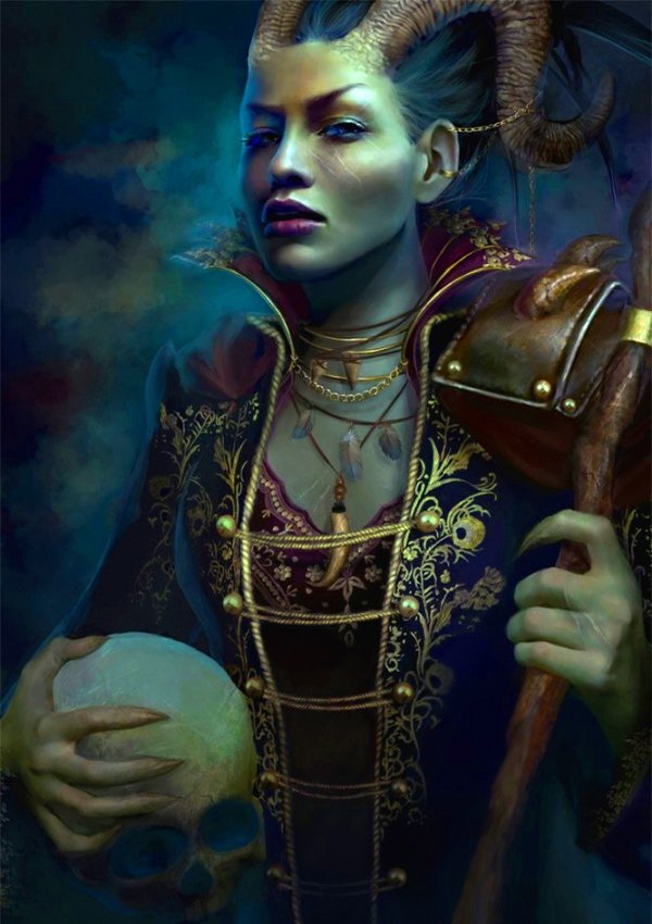 A dark fantasy character with horns and striking features stands confidently, holding a skull and a staff, dressed in ornate, richly colored clothing that enhances the mysterious atmosphere.
