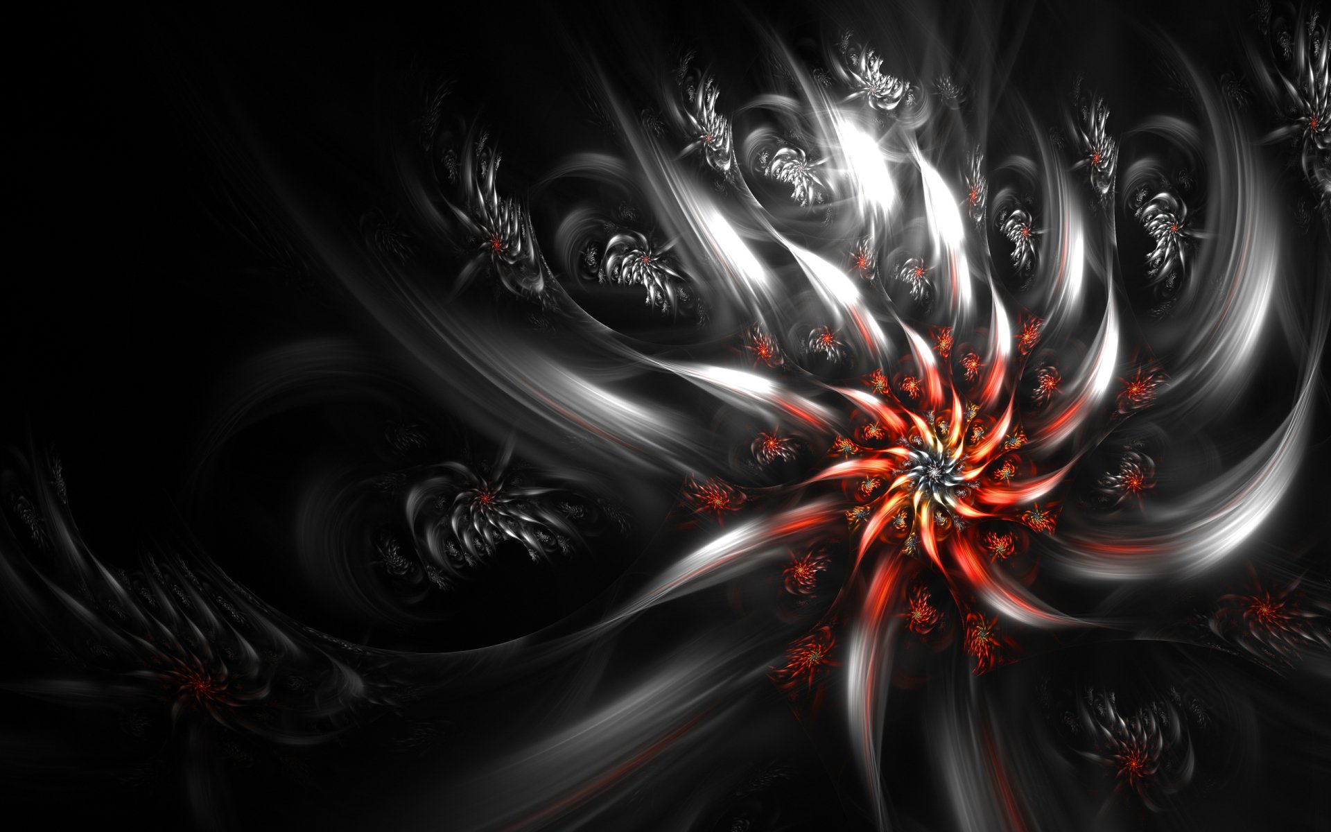 An abstract fractal image featuring intricate floral shapes in black and silver, highlighted by vibrant red accents, creating a striking contrast and depth.