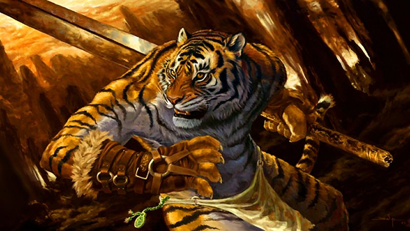 A fierce fantasy warrior, depicted as a muscular tiger wielding a sword, stands ready for battle against a dramatic backdrop of glowing amber hues and shadows.