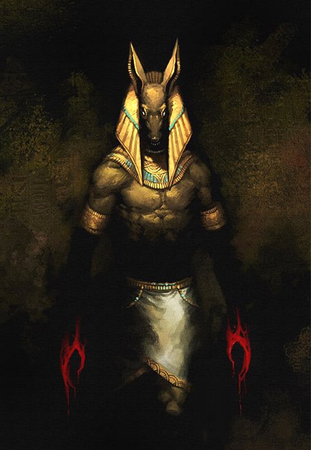 A powerful depiction of an Egyptian god, featuring a muscular figure with a jackal head, adorned in gold and wielding fiery red claws, embodying themes of fantasy and mythology.