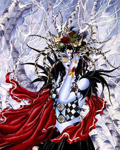 A fantasy-themed woman adorned with a dramatic floral headdress, draped in a flowing red cape, stands amidst a backdrop of white birch trees, embodying a mystical aura.