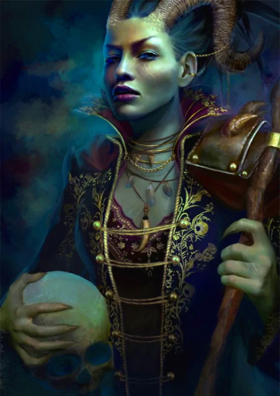 A dark fantasy character with horns and striking features stands confidently, holding a skull and a staff, dressed in ornate, richly colored clothing that enhances the mysterious atmosphere.