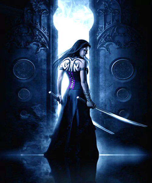 A fantasy scene featuring a woman in a dark dress, wielding dual swords, standing confidently before an ornate doorway illuminated by a mystical glow.