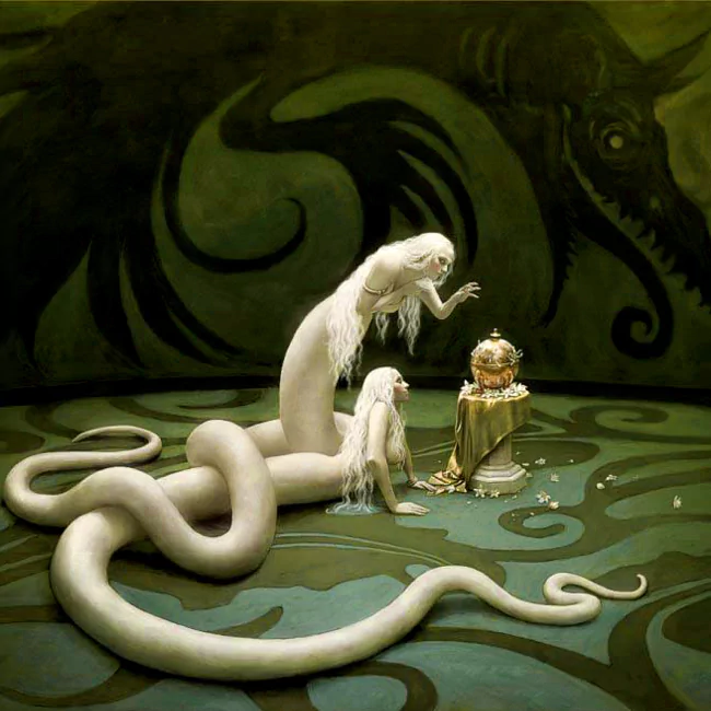 Two naga-like creatures, with long serpent bodies and flowing hair, interact curiously with a golden treasure on a patterned floor, set against a dark, mythical backdrop.