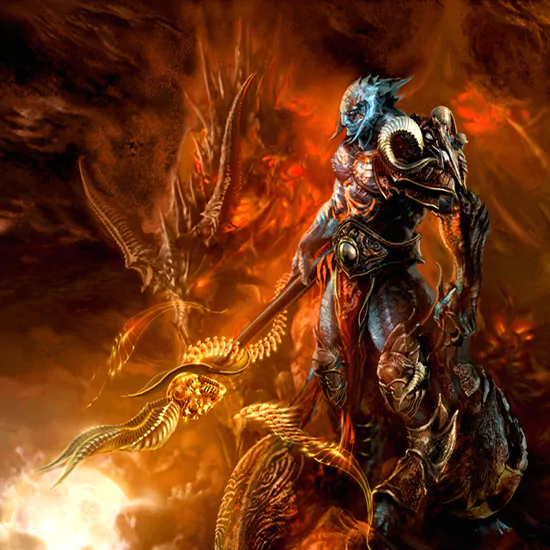 A dark fantasy scene featuring a menacing figure wielding a staff, standing against a fiery backdrop, with monstrous elements lurking in the shadows.