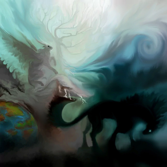 A captivating fantasy artwork featuring mythical creatures amidst swirling colors, with a mystical tree and a distant planet, blending dreamlike elements in an artistic exploration.