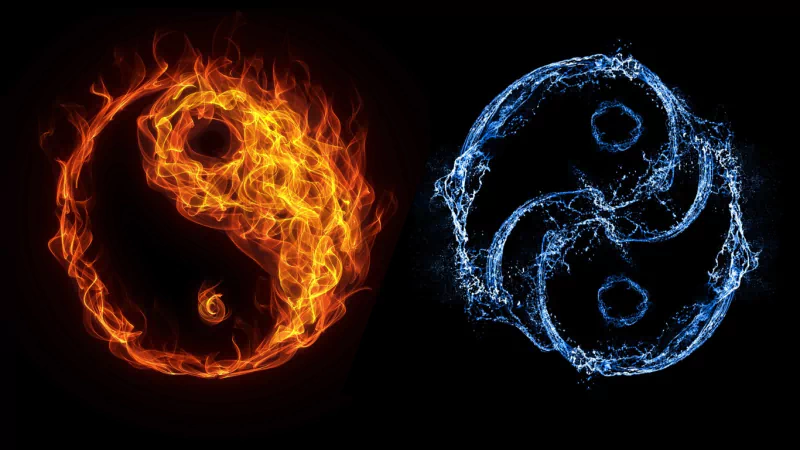 An artistic depiction of the yin-yang symbol, with one half engulfed in flames and the other half formed by flowing water, highlighting the balance between fire and water.