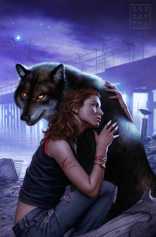 A girl rests against a large, menacing wolf by a misty pier, conveying a blend of danger and protection in a vivid fantasy setting. The scene is illuminated by an eerie, purple light.