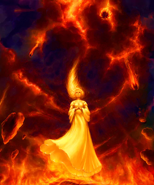 A radiant woman in a flowing yellow gown stands amid swirling flames and swirling cosmic elements, embodying the essence of fantasy and powerful energy.