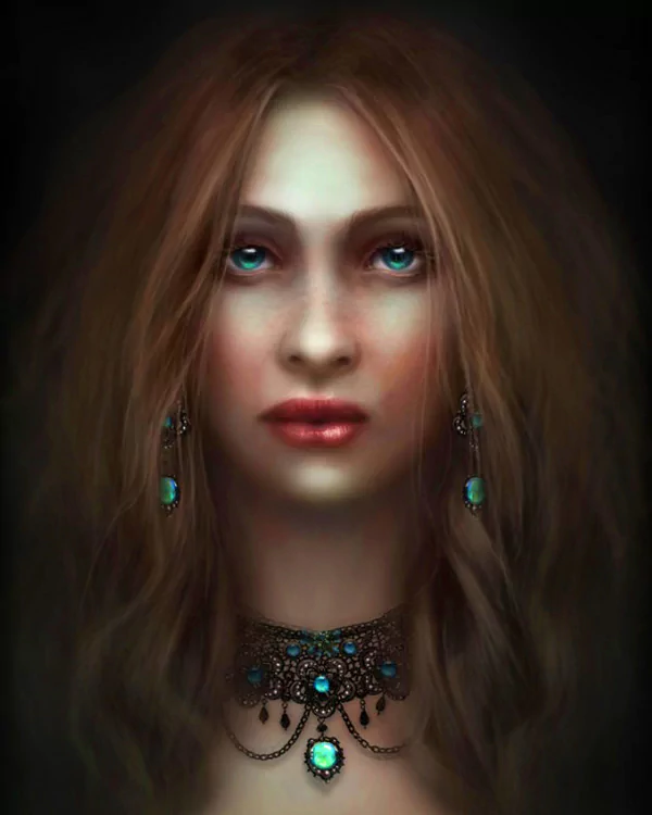 A captivating fantasy portrait of a woman with striking blue eyes, long flowing hair, and intricate jewelry, set against a dark backdrop.