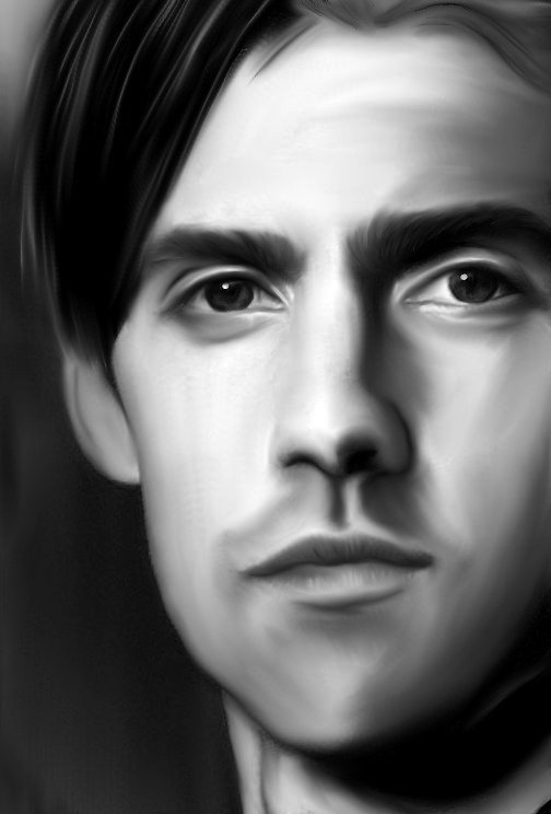 A grayscale portrait of a man, displaying a serious expression, with dark hair and captivating eyes, reminiscent of Milo Ventimiglia.