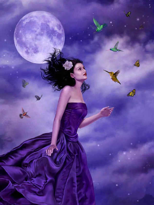 A woman in a flowing purple dress stands against a mystical backdrop of a full moon, surrounded by colorful butterflies and hummingbirds, capturing a dreamy fantasy atmosphere.