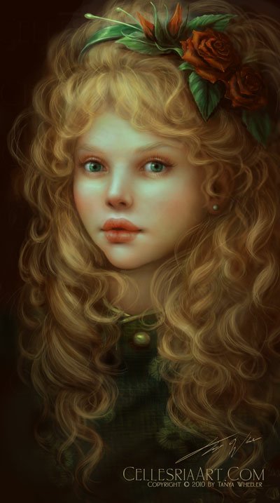 A portrait of a girl with long, curly blonde hair adorned with roses, gazing softly at the viewer. The warm colors and delicate details create a captivating atmosphere.