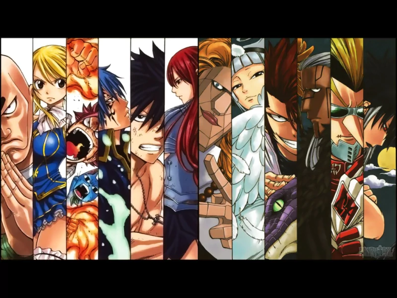 A dynamic lineup of characters from the anime Fairy Tail, showcasing their unique designs and expressions, highlighting the blend of friendship and adventure in the series.